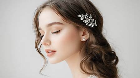 A young woman wearing a delicate rhinestone hair clip, her hair styled in loose waves for a soft, feminine look.の素材