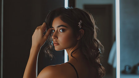 A young woman adjusting her hair clip in front of a mirror, getting ready for an event.の素材