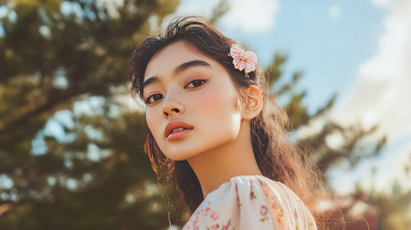 A young woman in an outdoor setting, wearing a soft pastel hair clip that matches her breezy outfit.の素材