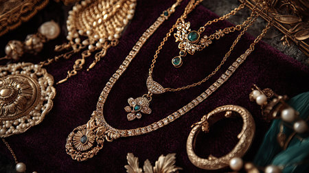 Close-up of intricate gold jewelry, including necklaces, rings, and bracelets, displayed elegantly on a velvet backgroundの素材