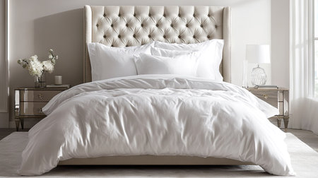A beautifully arranged white pillow on a hotel-style bed, surrounded by silky sheets and a tufted headboard.の素材