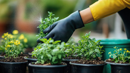 A woman with gardening gloves carefully misting her herbs growing in small pots.の素材