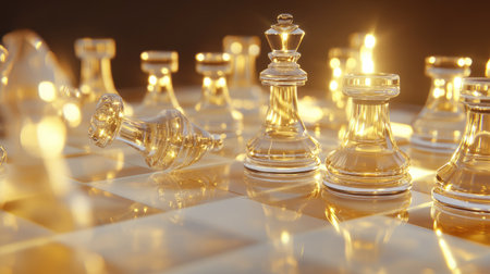 Glass chess pieces in mid-game, with a pawn advancing under soft golden lighting that enhances the crystal-clear reflectionsの素材