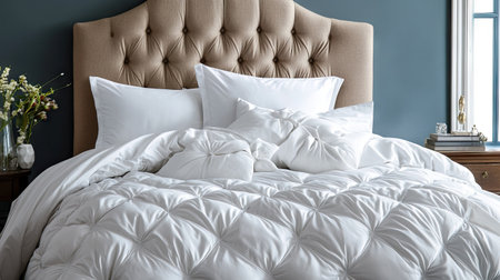 A beautifully arranged white pillow on a hotel-style bed, surrounded by silky sheets and a tufted headboard.の素材