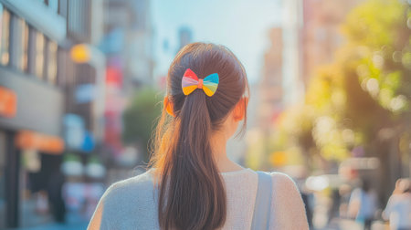 A young woman wearing a colorful hair clip, walking through a city street on a sunny day.の素材
