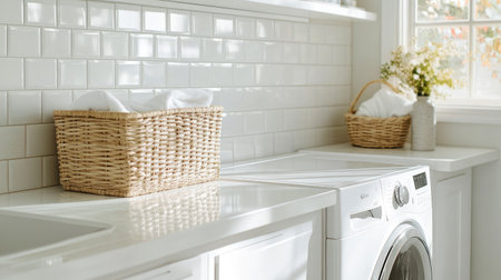 A bright and airy laundry room featuring a white washer and dryer set, subway tile backsplash, and stylish storage baskets.の素材
