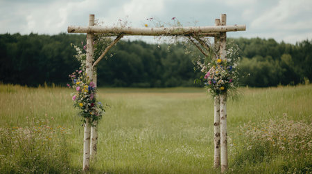 A charming countryside wedding arch made of birch branches, decorated with wildflowers, in an open meadow.の素材