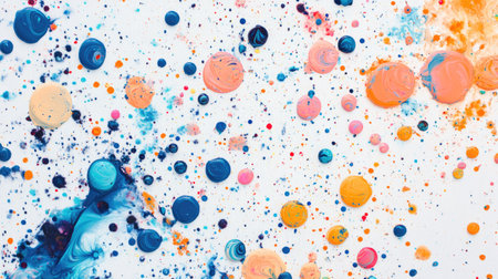 Overhead view of vibrant paint drops merging on a white canvas, forming abstract color gradientsの素材