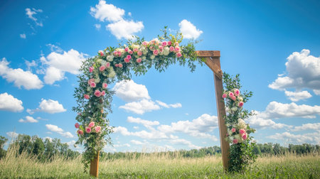 A beautifully decorated wedding arch stands in an open field, adorned with fresh roses and greenery, with a stunning blue sky in the background.の素材