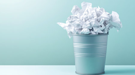 An overflowing office trash can full of crumpled white paper, placed in front of a minimalist background.の素材
