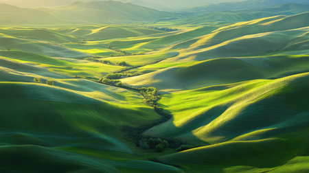 A breathtaking aerial view of a green valley bathed in sunset light, with long shadows stretching across the fields.の素材