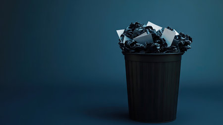 A black trash can filled with wrinkled papers, symbolizing frustration and rejection, placed on a seamless backdrop.の素材