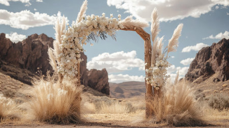 A bohemian-style wedding arch made of driftwood, decorated with pampas grass and white roses, standing in a desert landscape.の素材