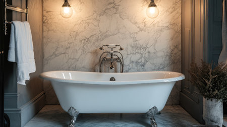 A beautifully designed bathroom with a clawfoot bathtub, vintage-style lighting, and marble walls.の素材
