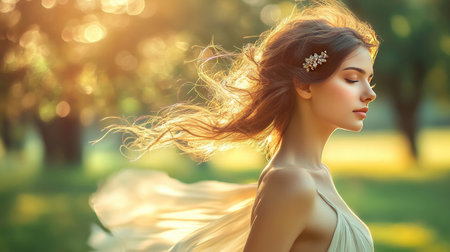 A young woman in a park, wearing a beautiful hair clip that perfectly matches her flowing dress.の素材