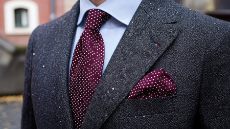 Stylish red necktie with polka dots, tied over a light blue shirt and dark suit, showing a mix of colors and patterns in formalwear.の素材