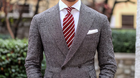 Stylish red necktie with fine stripes, paired with a tailored gray suit and white shirt, capturing a sophisticated business look.の素材