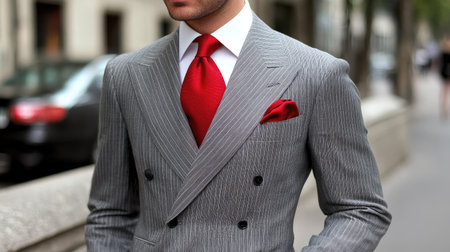Stylish red necktie with fine stripes, paired with a tailored gray suit and white shirt, capturing a sophisticated business look.の素材