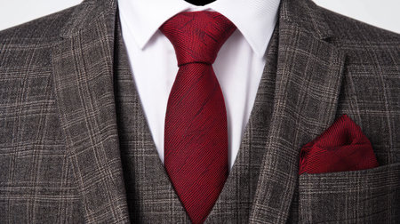 Stylish red necktie with fine stripes, paired with a tailored gray suit and white shirt, capturing a sophisticated business look.の素材