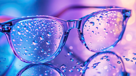 Wet eyeglasses with water droplets on the lenses, lying on a reflective surface, creating a clean, abstract composition.の素材