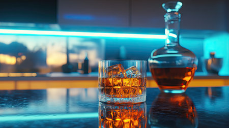 Whiskey glass with ice and a decanter on a sleek, modern countertop, capturing the essence of luxury and warmth.の素材