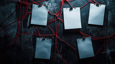 A black detective board with blank white papers pinned neatly, surrounded by red strings, on a dark wall.の素材