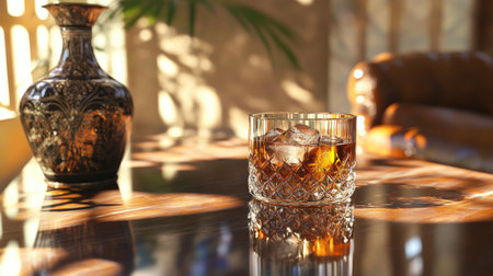 Whiskey glass with ice on a polished bar table, with an ornate decanter and soft shadows creating a moody atmosphere.の素材