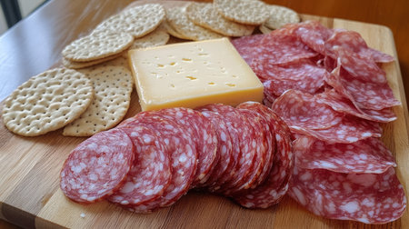 A beautifully arranged charcuterie-style chopping board with sliced salami, cheese, and crackers.の素材