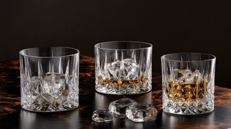 Whiskey glass with ice on a dark table, with a crystal decanter reflecting golden light, creating a luxurious scene.の素材