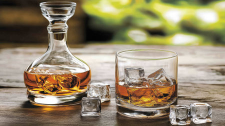 Whiskey glass with ice cubes on a rustic wooden table, decanter alongside, evoking sophistication and relaxation.の素材