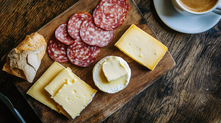 A breakfast-themed setup with salami, cheese slices, and butter on a wooden board, accompanied by coffee.の素材