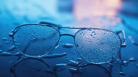 Wet eyeglass lenses with water droplets, laid on a smooth reflective surface, creating soft reflections and shadows.の素材