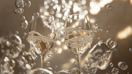 An elegant arrangement of sparkling wine glasses catching light, surrounded by champagne bubblesの素材