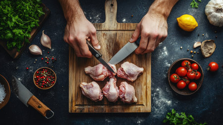 A chef's hands preparing raw chicken wings on a wooden board, with a knife and fresh ingredients around.の素材