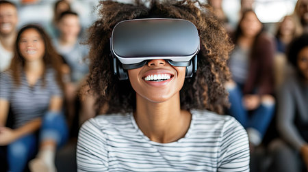 Young woman in VR goggles with friends nearby, each engaging with the same digital game in a shared virtual space.の素材