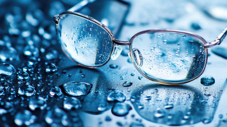 Wet eyeglass lenses with water droplets, laid on a smooth reflective surface, creating soft reflections and shadows.の素材