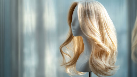 A blonde wavy wig styled elegantly on a white mannequin head, showcased on a glossy surface.の素材