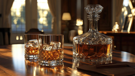 Whiskey glass with ice cubes next to a crystal decanter, casting reflections in a warmly lit, elegant room.の素材
