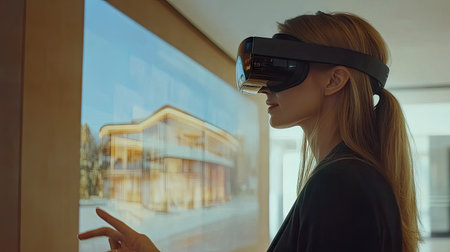 Woman in business attire wearing VR goggles in an office, interacting with a virtual presentation projected in front of her.の素材