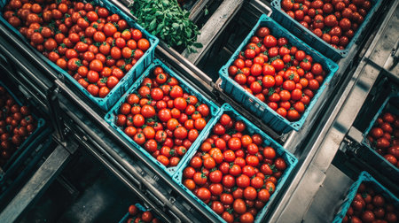 An aerial view of tomatoes packed in trays on multiple conveyor belts in a bustling food processing plantの素材