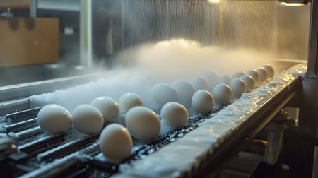 A clean and sterile egg washing station, with eggs rolling through brushes and sprays on a conveyor belt.の素材