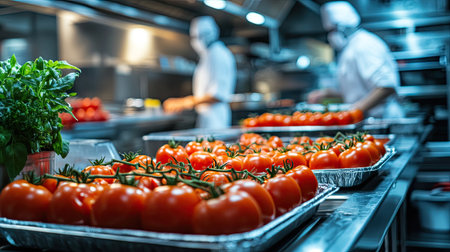 A busy food packaging floor with workers managing trays of tomatoes on automated linesの素材