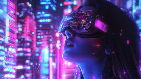 Woman in VR goggles with a cityscape projection around her, simulating an urban exploration experience.の素材