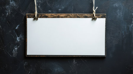 A blank investigation board with white papers and string, placed against a textured black wall.の素材