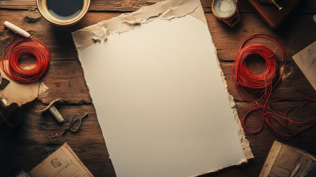 A blank detective board with white sheets of paper and unused red string coils lying on a nearby table.の素材