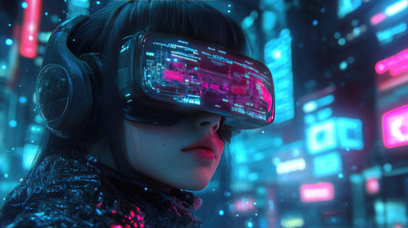 Young woman with VR goggles, surrounded by holographic projections of data, exploring a futuristic learning environment.の素材