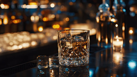 Whiskey glass with ice cubes in a dimly lit bar, a crystal decanter adding elegance and refinement to the scene.の素材