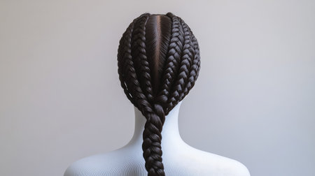 A braided wig in dark brown displayed on a white mannequin head, set against a neutral gray background.の素材