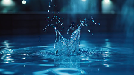 A clear water drop splashing into a blue pool, with dramatic lighting and ripples.の素材