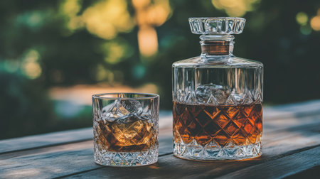 Whiskey glass with ice and an elegant decanter on a vintage wooden table, capturing the rich tones of the whiskey.の素材